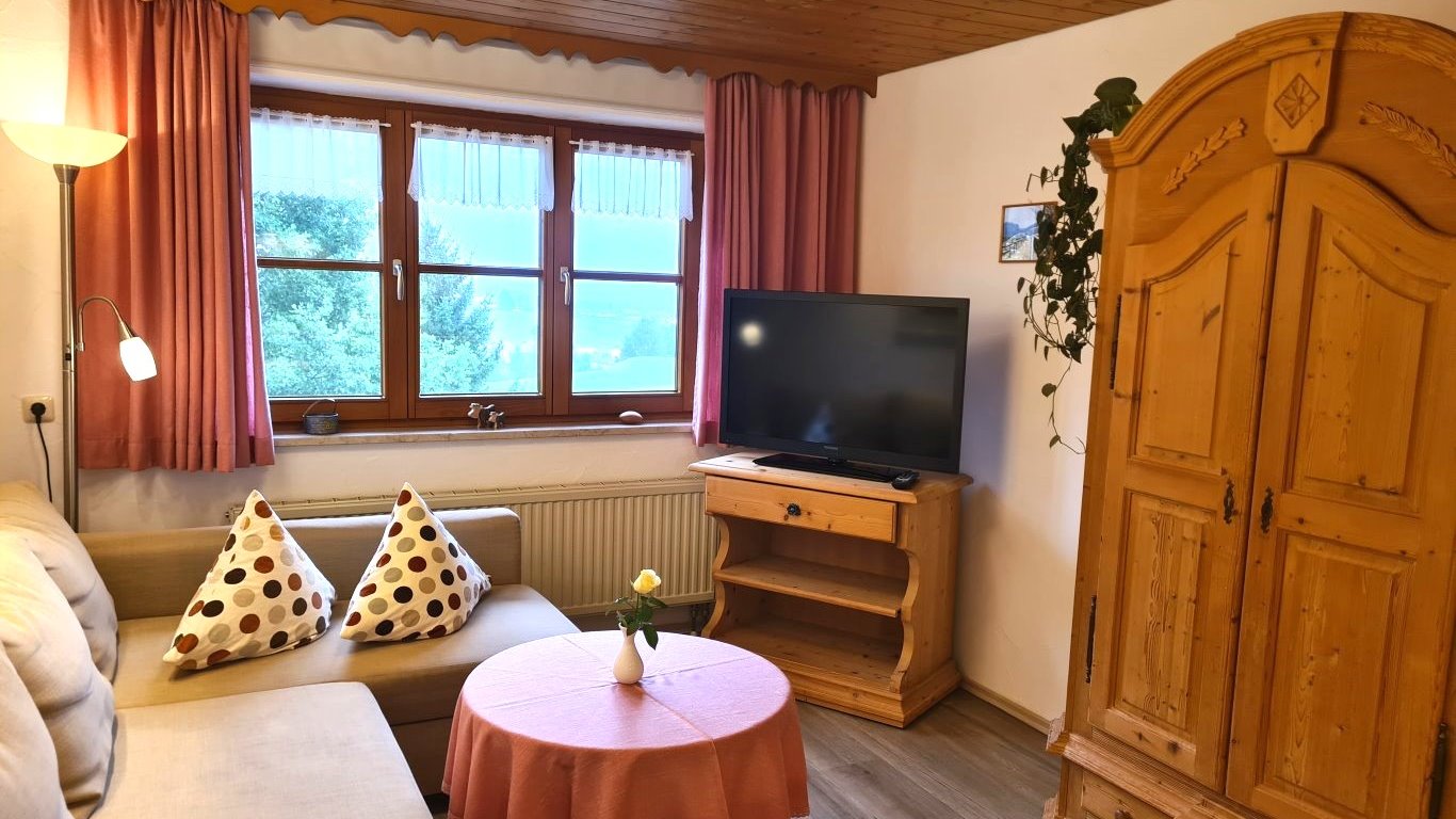 Die Couchgarnitur samt Sat-TV in der Ferienwohnung Grünten